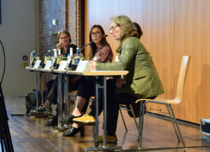 Panel on Climate crisis and climate justice, Katrin Kinzelbach (Moderator, FAU), Judith Schönsteiner speaking (UDP Santiago de Chile) Chiara Macchi (Wageningen University) Miriam Saage-Maaß, (ECCHR)